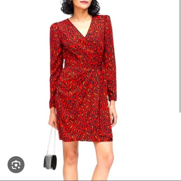 BANANA REPUBLIC Puff Sleeve Red Leopard Print Wrap Dress, Size 2 - Picture 1 of 7